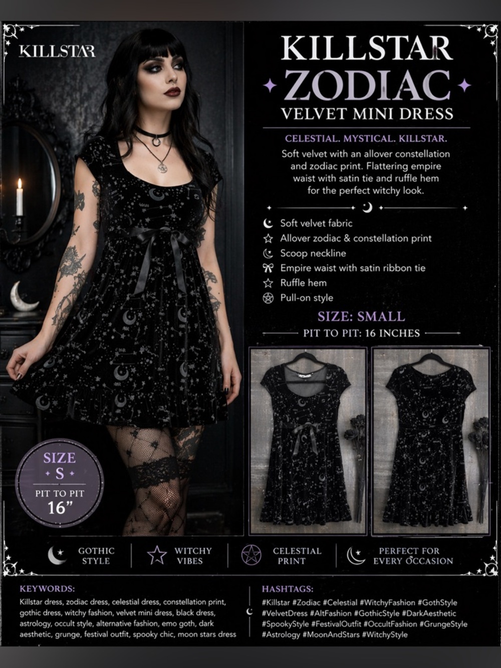 Killstar Zodiac Constellation Velvet Mini Dress Black Gothic Size Small